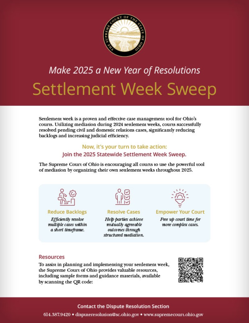A red and white flier encouraging courts to organize their own settlement weeks.